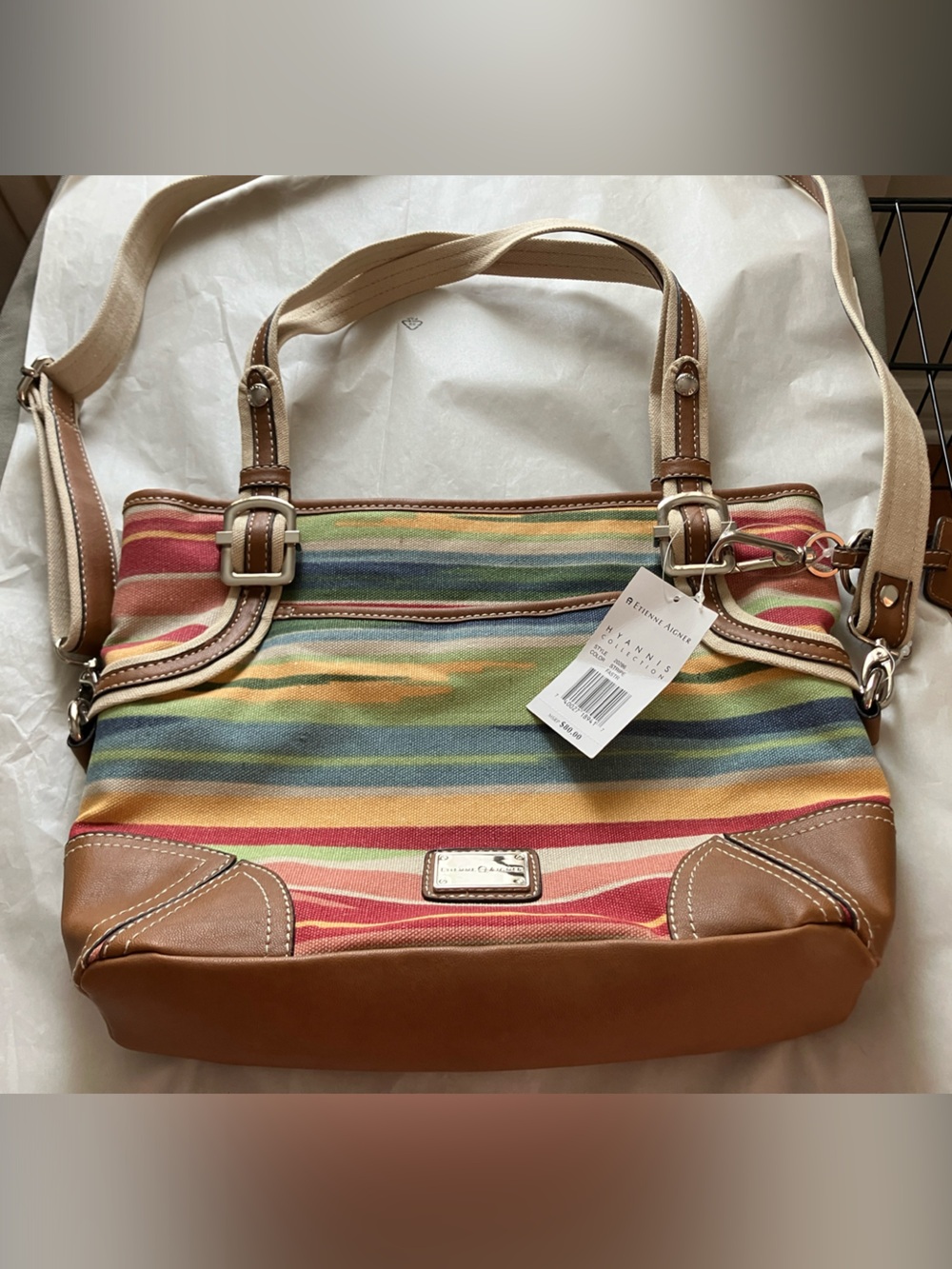 Etienne Aigner Multicolor Striped Shoulder Bag with Tan Leather Trim